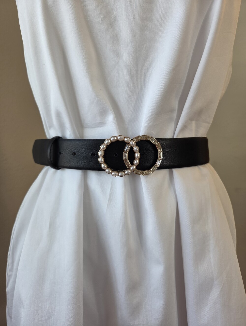 Vince Camuto Women's Black Belt with Pearl & Crystal Double Ring Buckle Large
